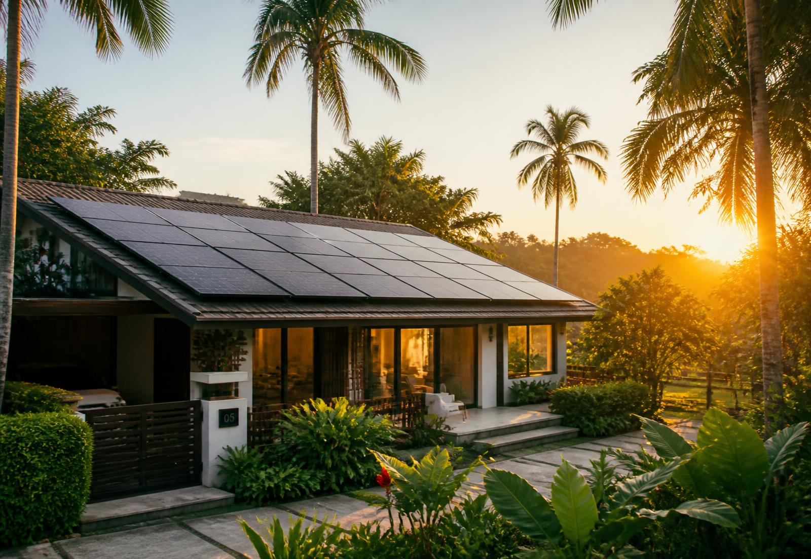 Philippine home with a rooftop solar array surrounded by tropical greenery at golden hour